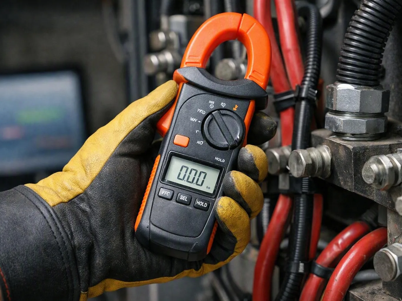 Gloved hand holding a clamp meter near red cables and metal fittings