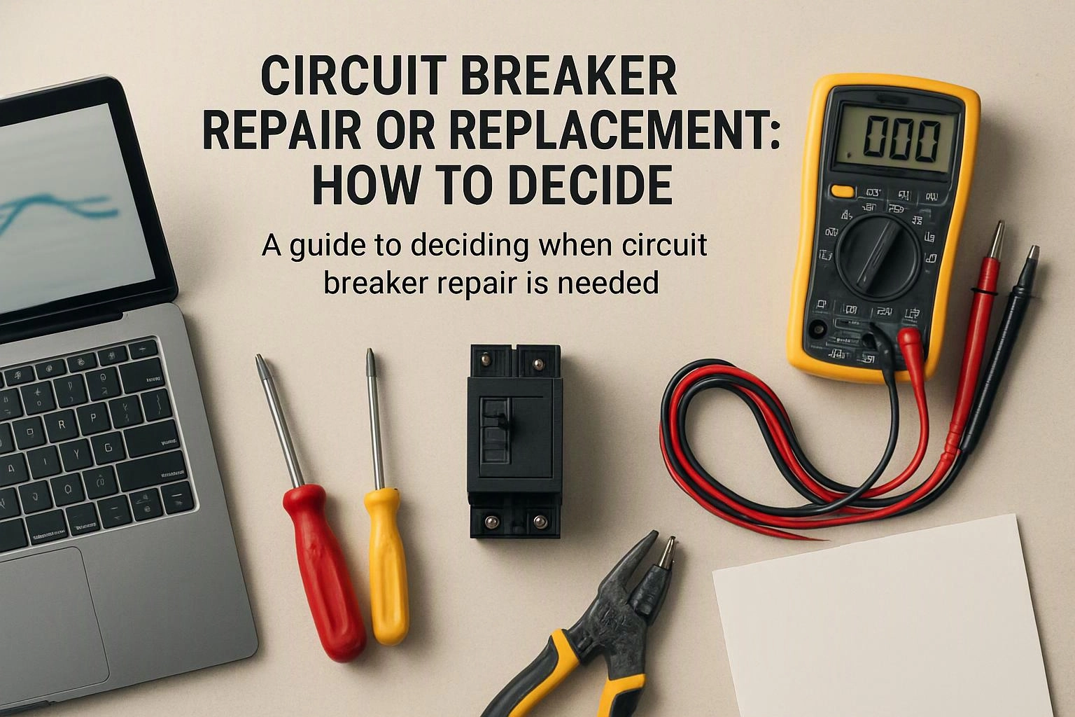 Aerial top-down flat-lay photograph of overhead flat-lay of items that represent "Circuit Breaker Repair or Replacement