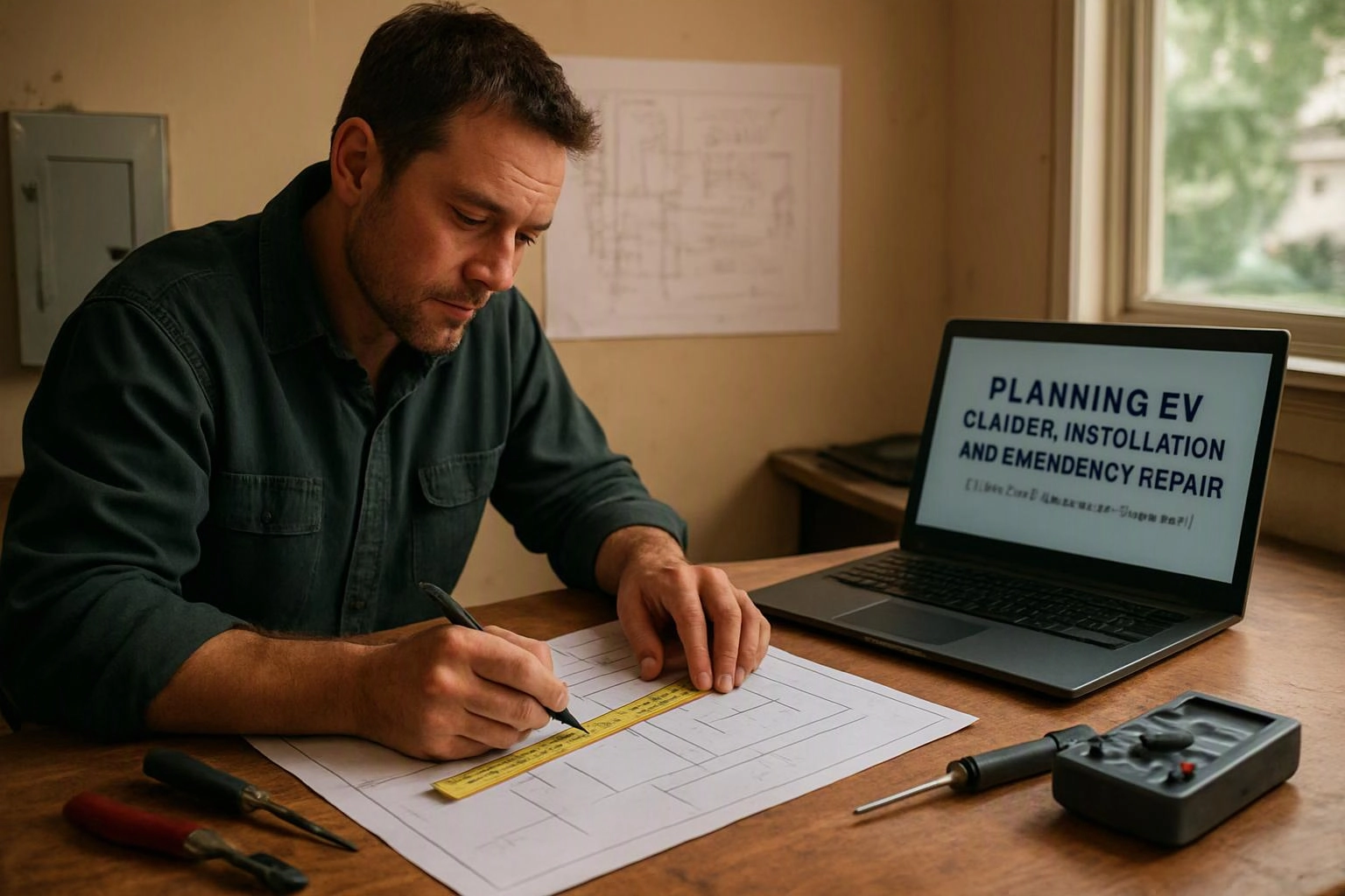 A man measures a floor plan on paper beside a laptop showing planning text in a home workspace