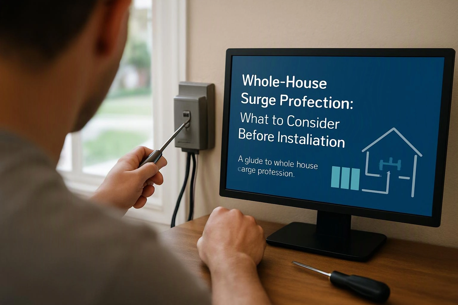 A person uses a screwdriver near a wall outlet while a monitor shows surge protection installation text and a house icon