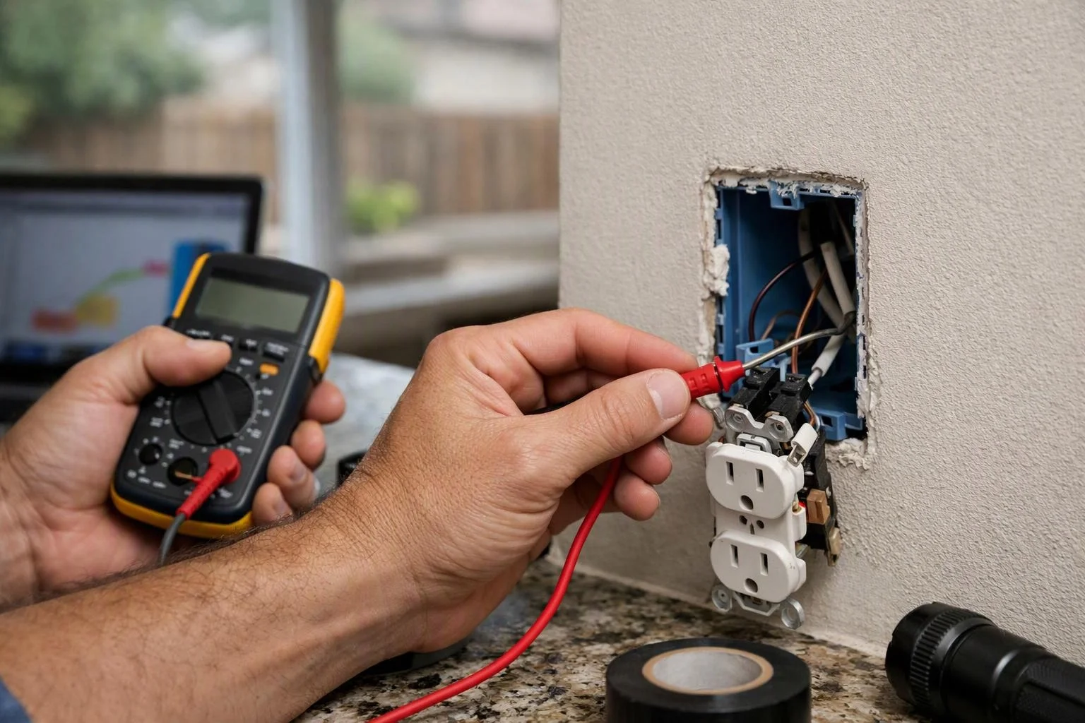 candid editorial shot of wide establishing view of a setting where "Electrical Troubleshooting