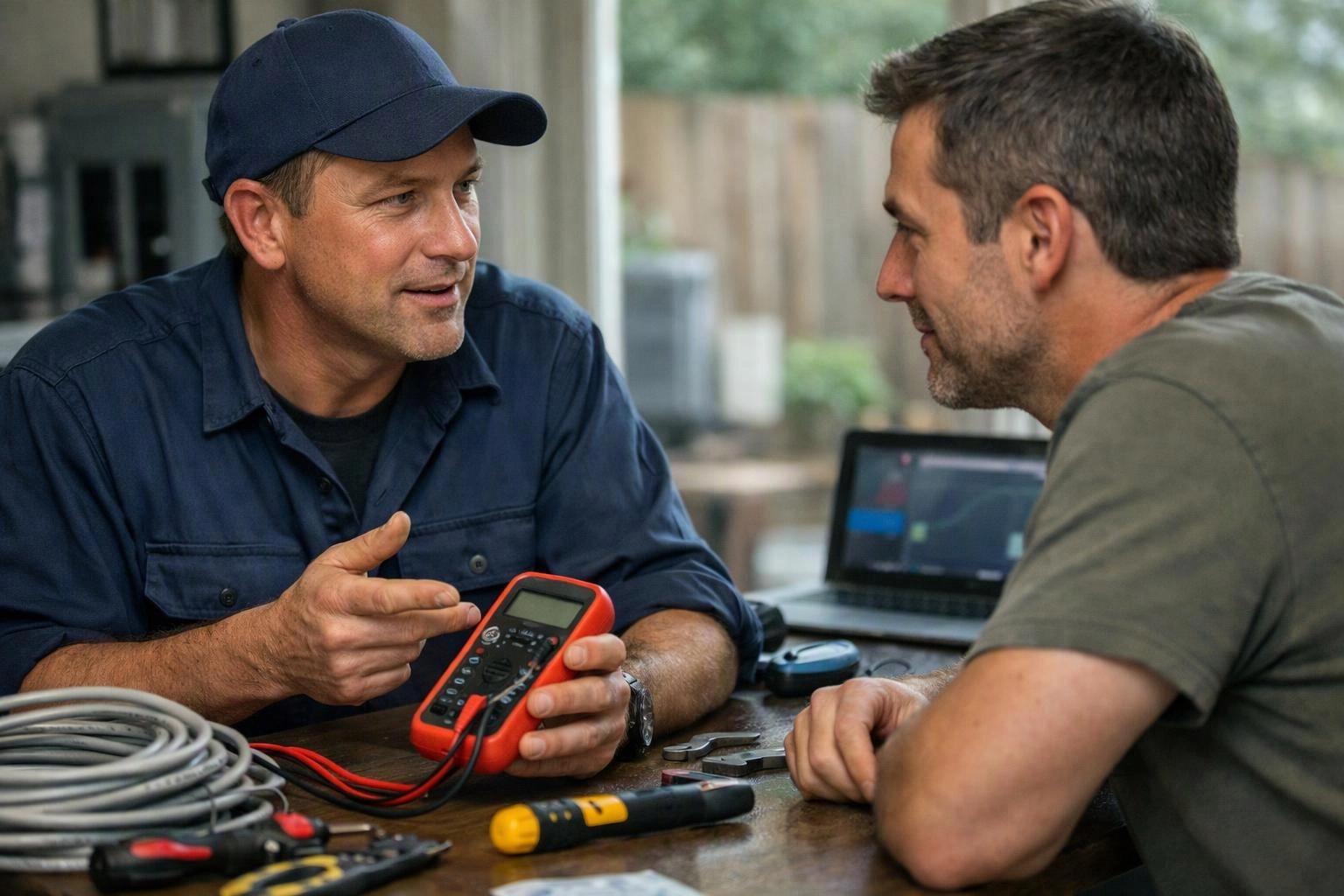 Two men talk at a table with cables, tools, a laptop, and a red multimeter in a workshop-like setting
