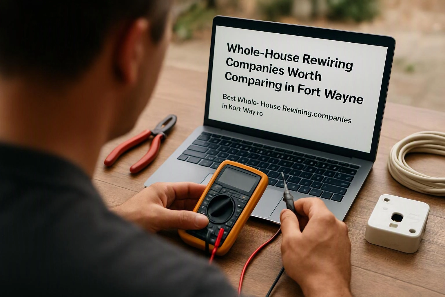 A person tests wiring tools beside a laptop showing a rewiring comparison search page on a wooden table