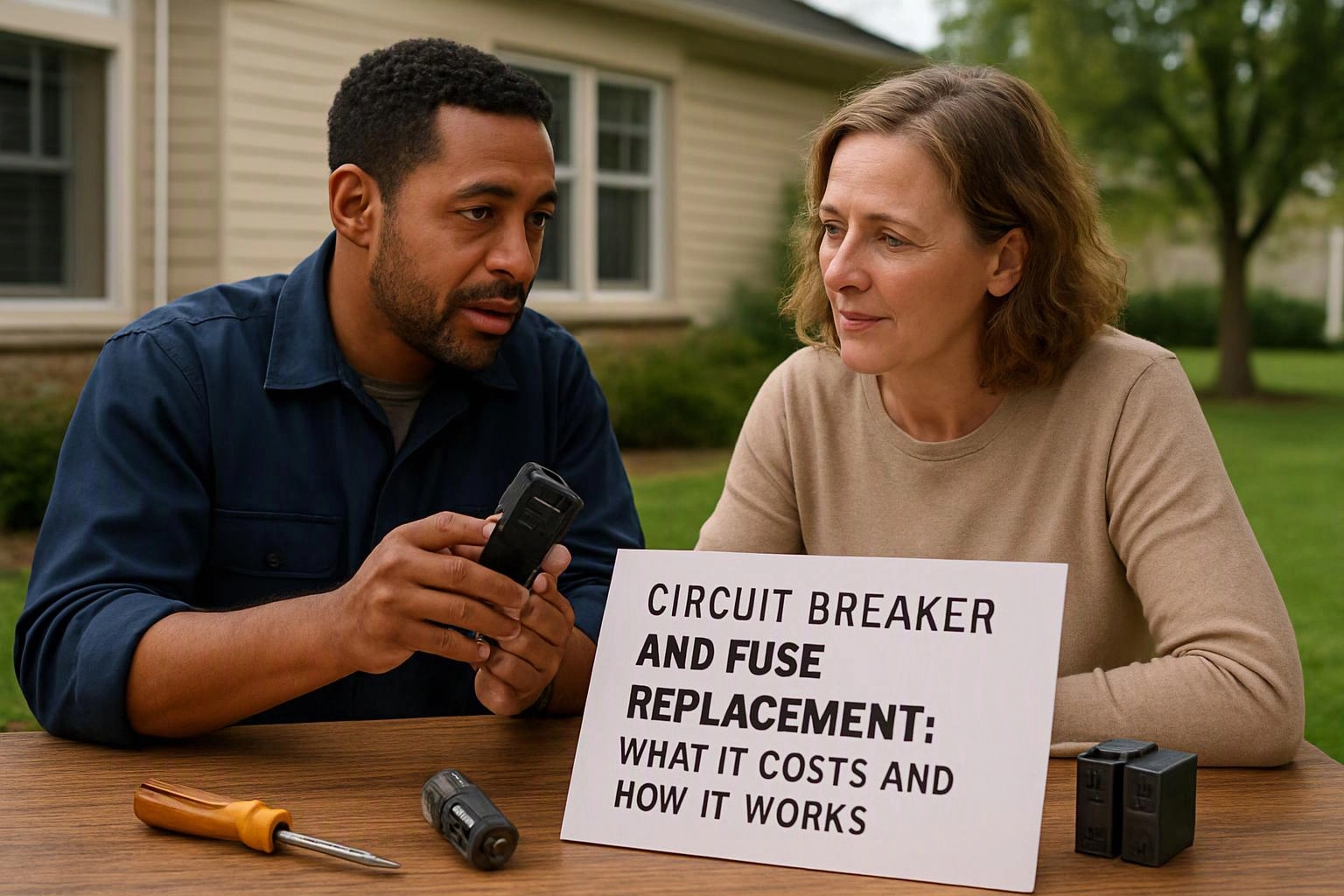 Two people sit at a table outdoors, holding an electrical part beside a sign about circuit breaker and fuse replacement