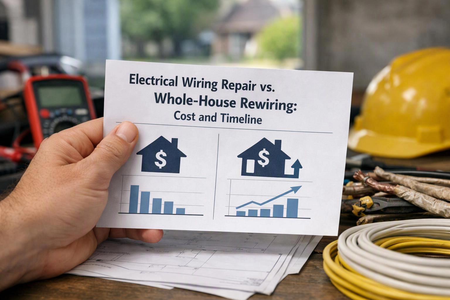 A hand holds a printed chart comparing electrical wiring repair and whole-house rewiring on a workbench with tools, plans