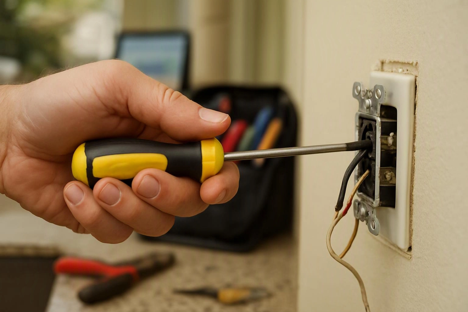 Photograph of a single hand reaching in from the frame edge in close-up documentary detail of tools, materials