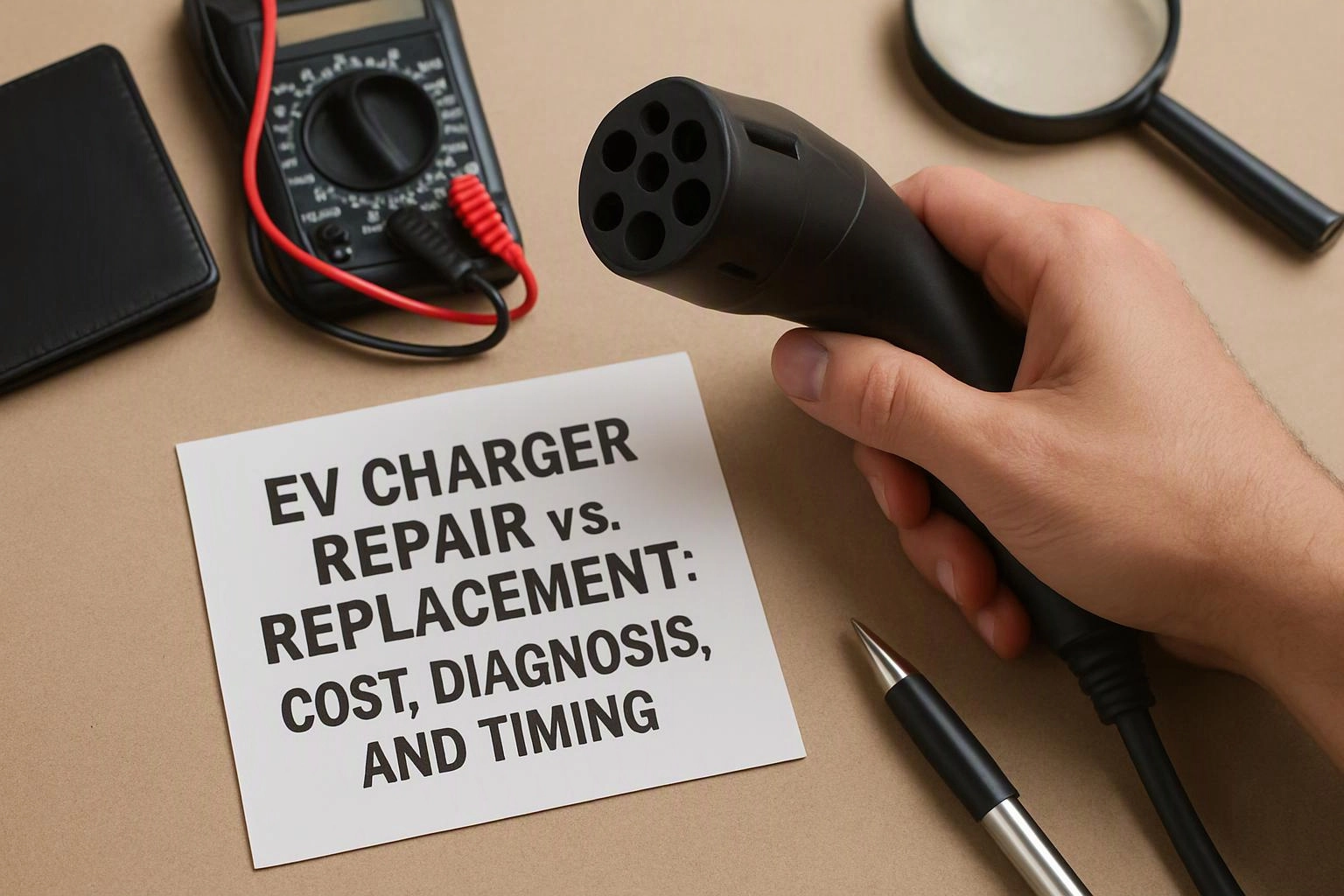 A hand holds an EV charging connector beside a card about repair versus replacement, tools spread on a desk