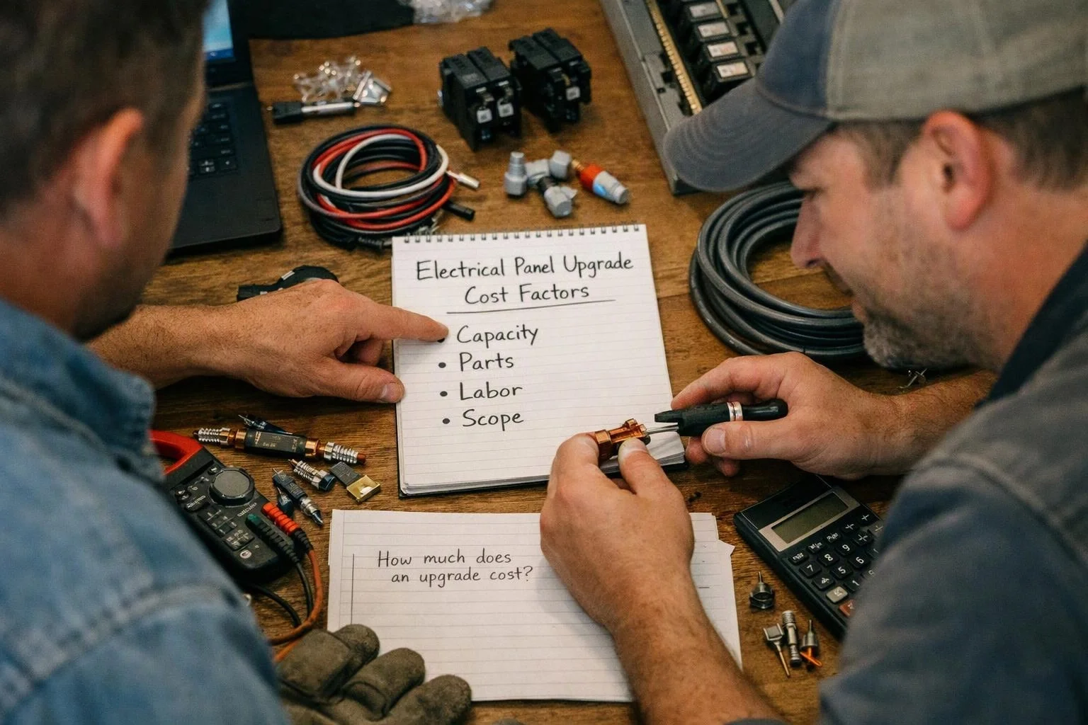Two men study electrical parts on a wooden table, with notebooks, cables, tools, and a calculator around them