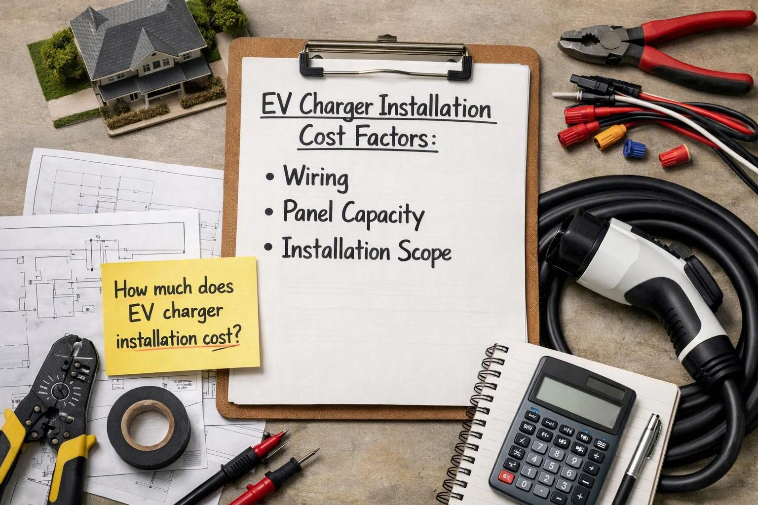 A clipboard shows EV charger installation cost factors, surrounded by tools, wiring, blueprints