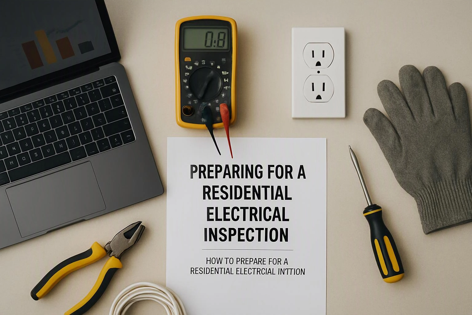 Aerial top-down flat-lay photograph of wide establishing view of a setting where "Preparing for a Residential Electrical Inspection" naturally arises in 24