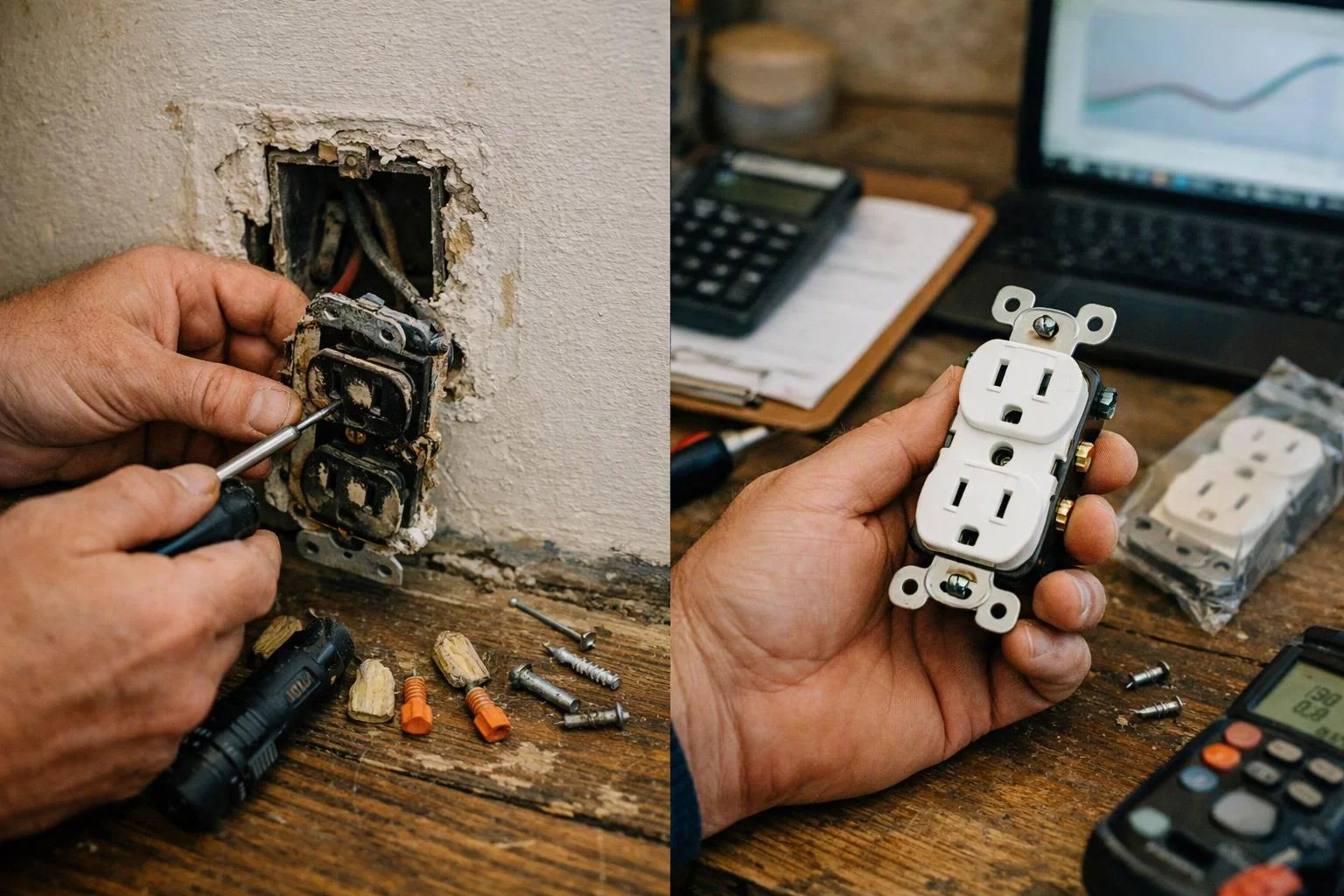 Split image shows hands repairing a wall outlet on the left and holding a new outlet on the right