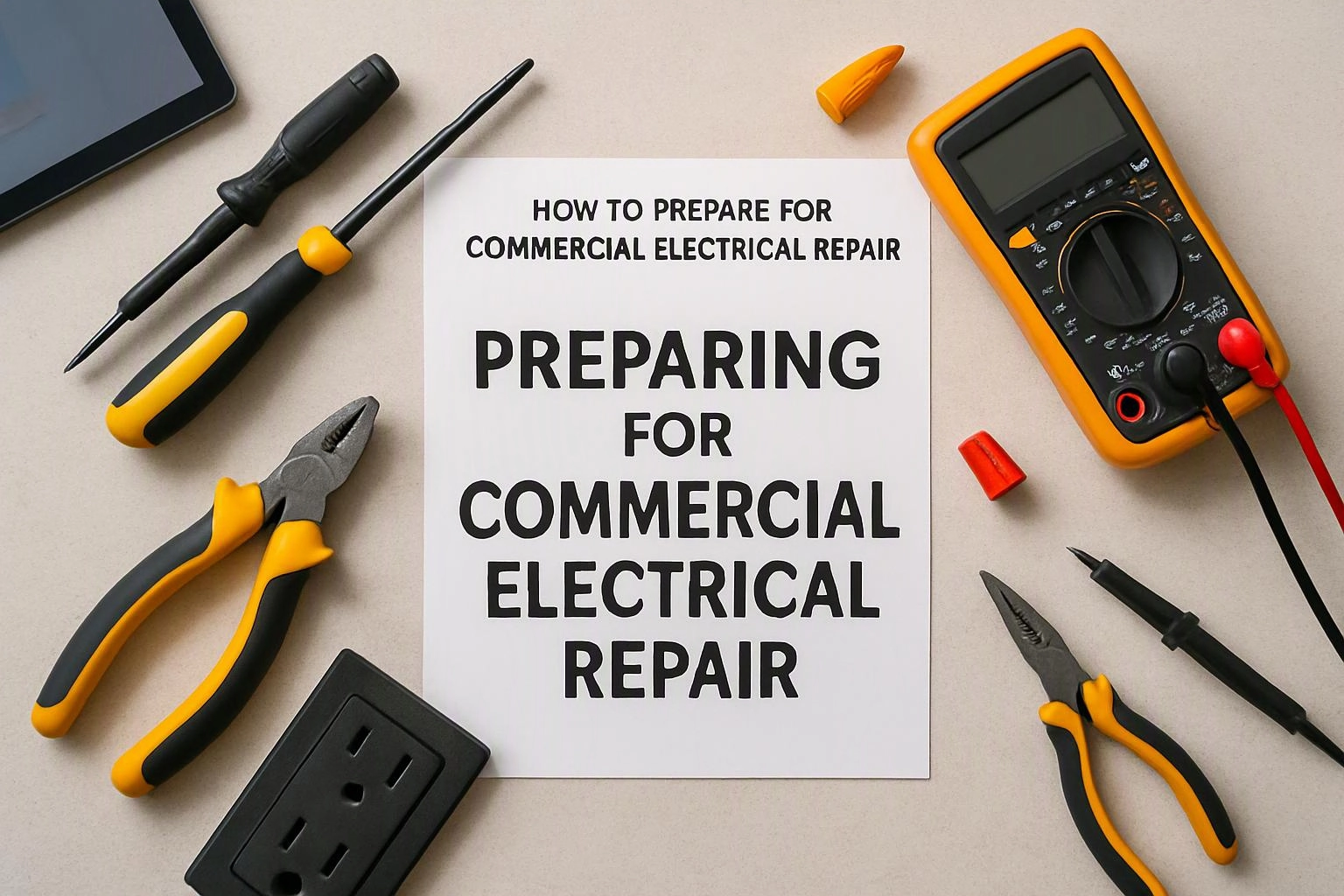 Aerial top-down flat-lay photograph of macro photograph of a physical artifact or interface element central to "Preparing for Commercial Electrical Repair"