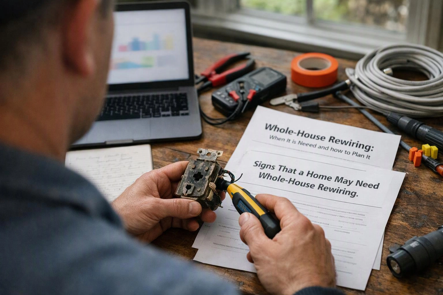 A person inspects a damaged electrical outlet with a screwdriver beside rewiring papers and tools on a desk