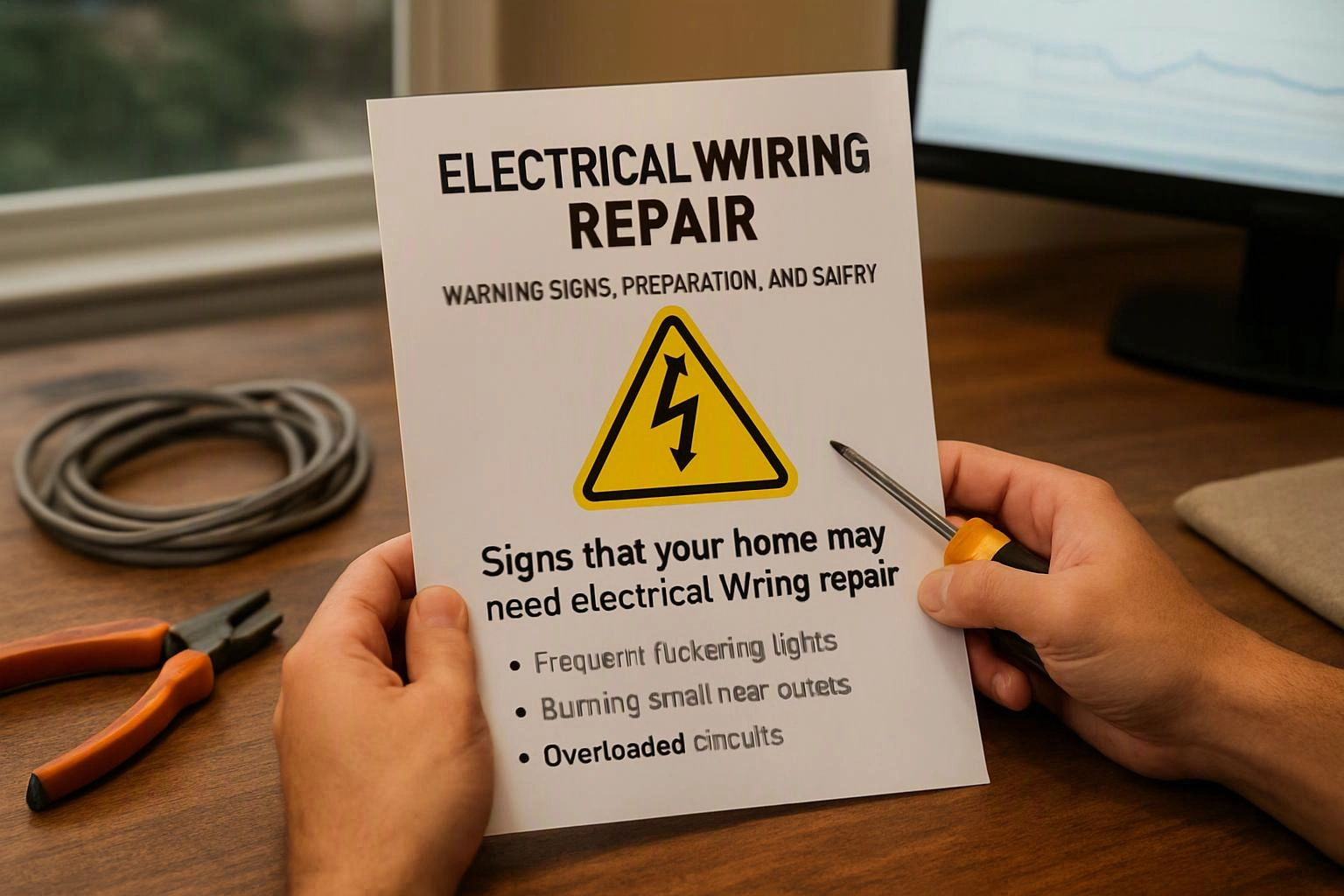 Advertising-grade tabletop still life photograph of environmental still life in a real workspace where "Electrical Wiring Repair
