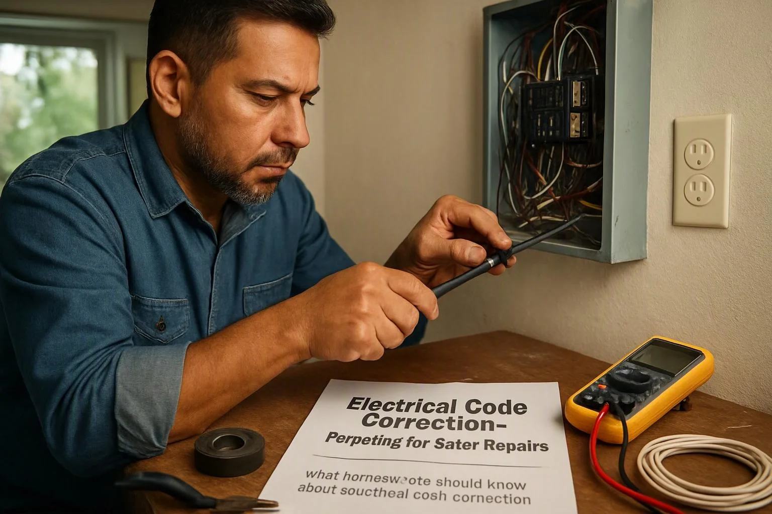 magazine-editorial photograph of environmental still life in a real workspace where "Electrical Code Correction