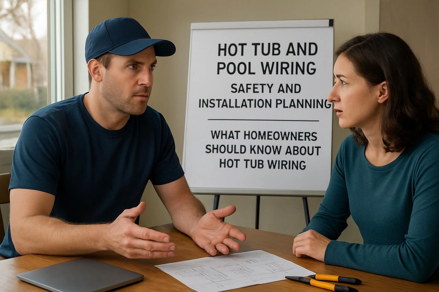 Two-person consultation photograph showing a clear visual metaphor illustrating what "Hot Tub and Pool Wiring