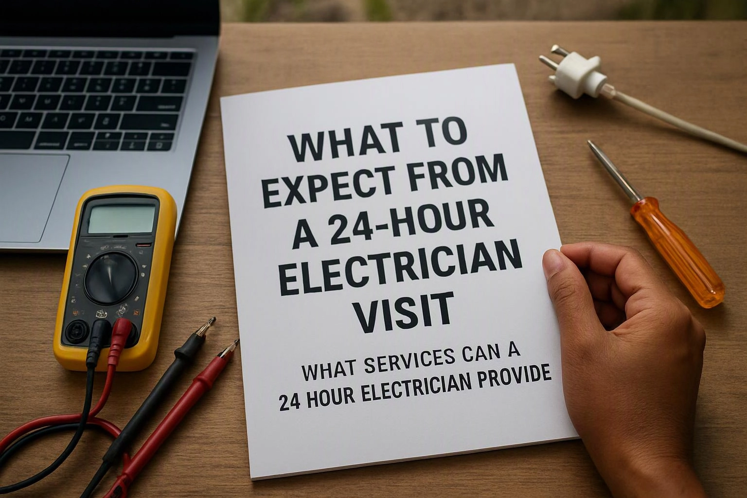 Electrician inspecting an electrical panel during an emergency service visit