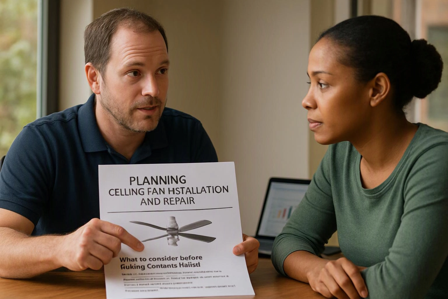 Two-person consultation photograph showing macro photograph of a physical artifact or interface element central to "Planning Ceiling Fan Installation and Repair"