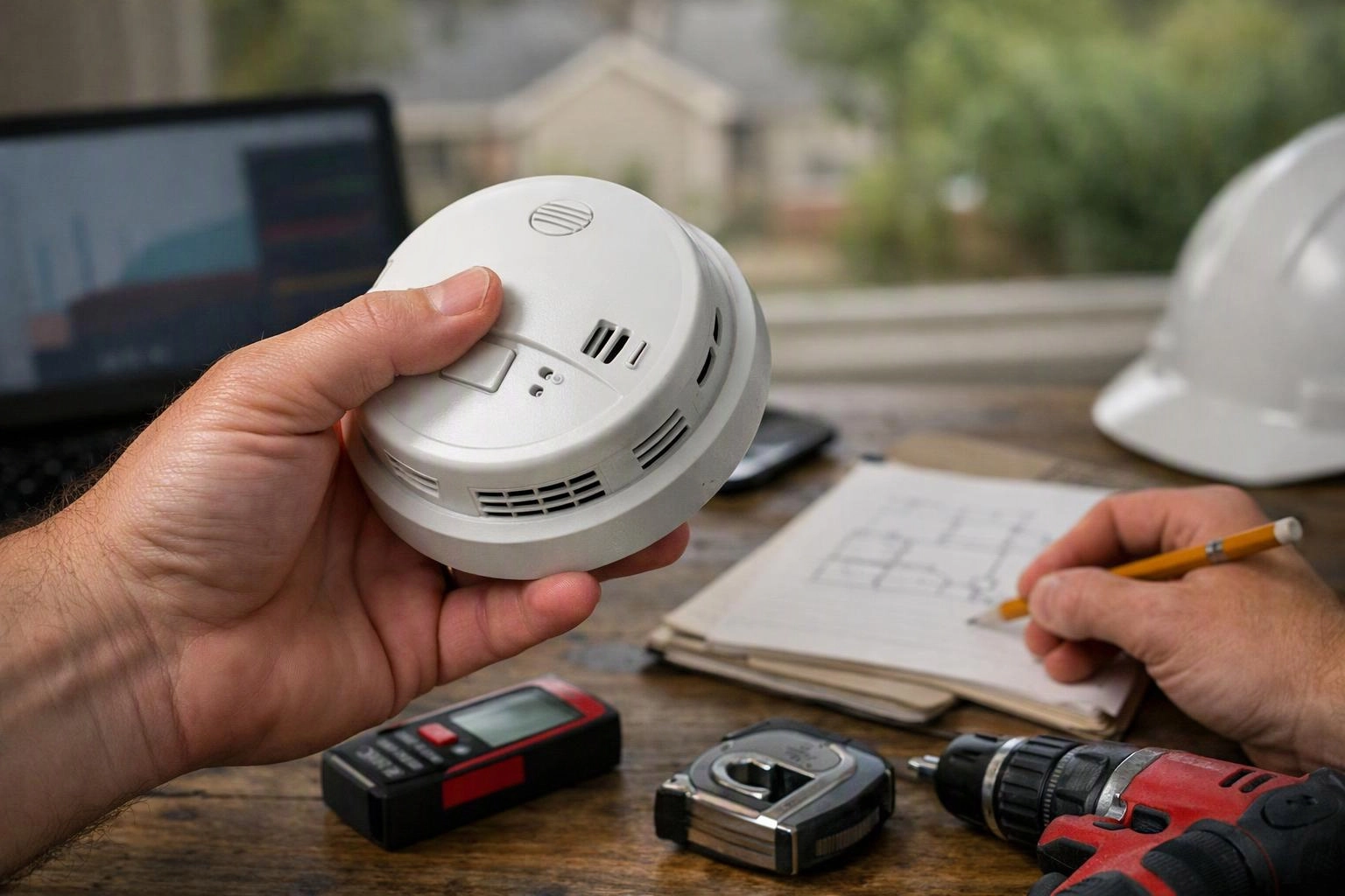 Hands hold a smoke detector and pencil over floor plans on a desk with tools and a hard hat