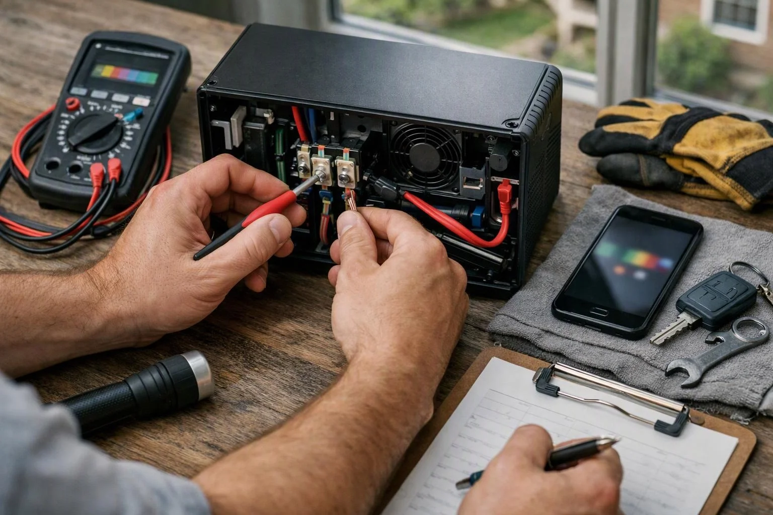 Advertising-grade tabletop still life photograph of overhead flat-lay of items that represent "Emergency Home Battery Backup Repair and Aftercare" in a 24