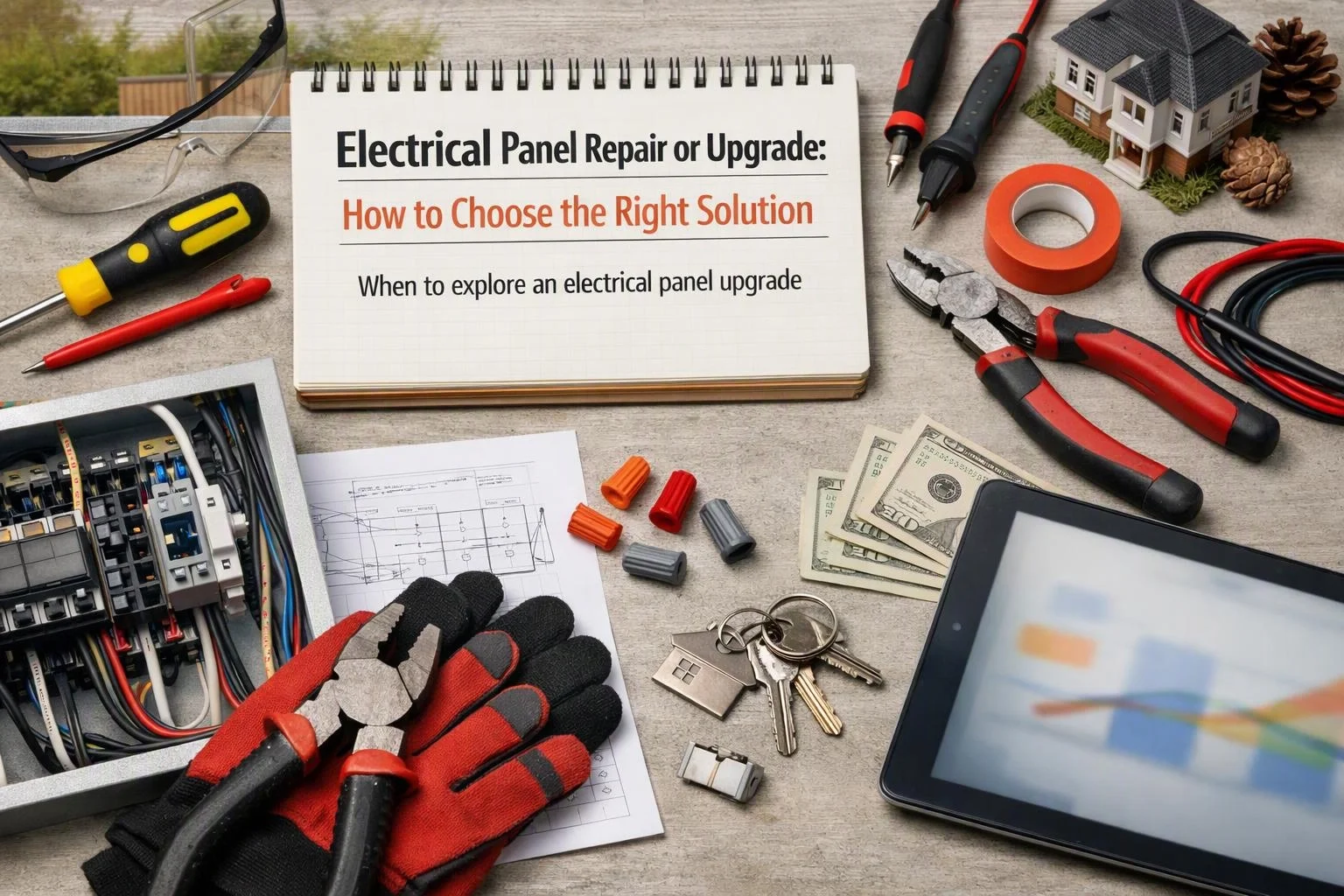 A tabletop layout shows electrical tools, wire, gloves, cash, keys, and a notebook about panel repair or upgrade