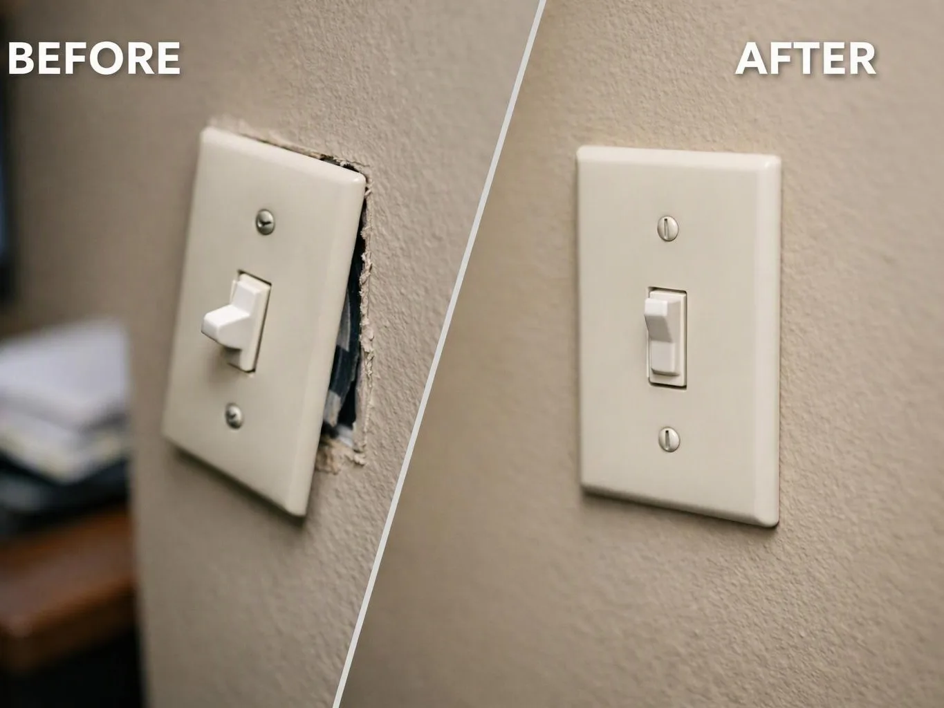 A before-and-after split shows a wall light switch with a damaged opening repaired and covered