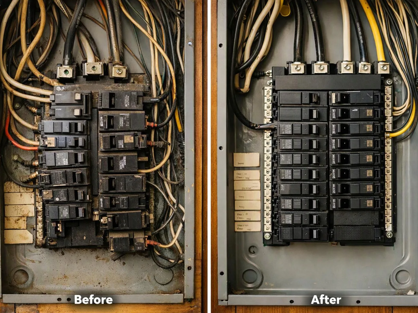 A before-and-after view shows two electrical breaker panels, with messy wiring on the left and a neat panel on the right