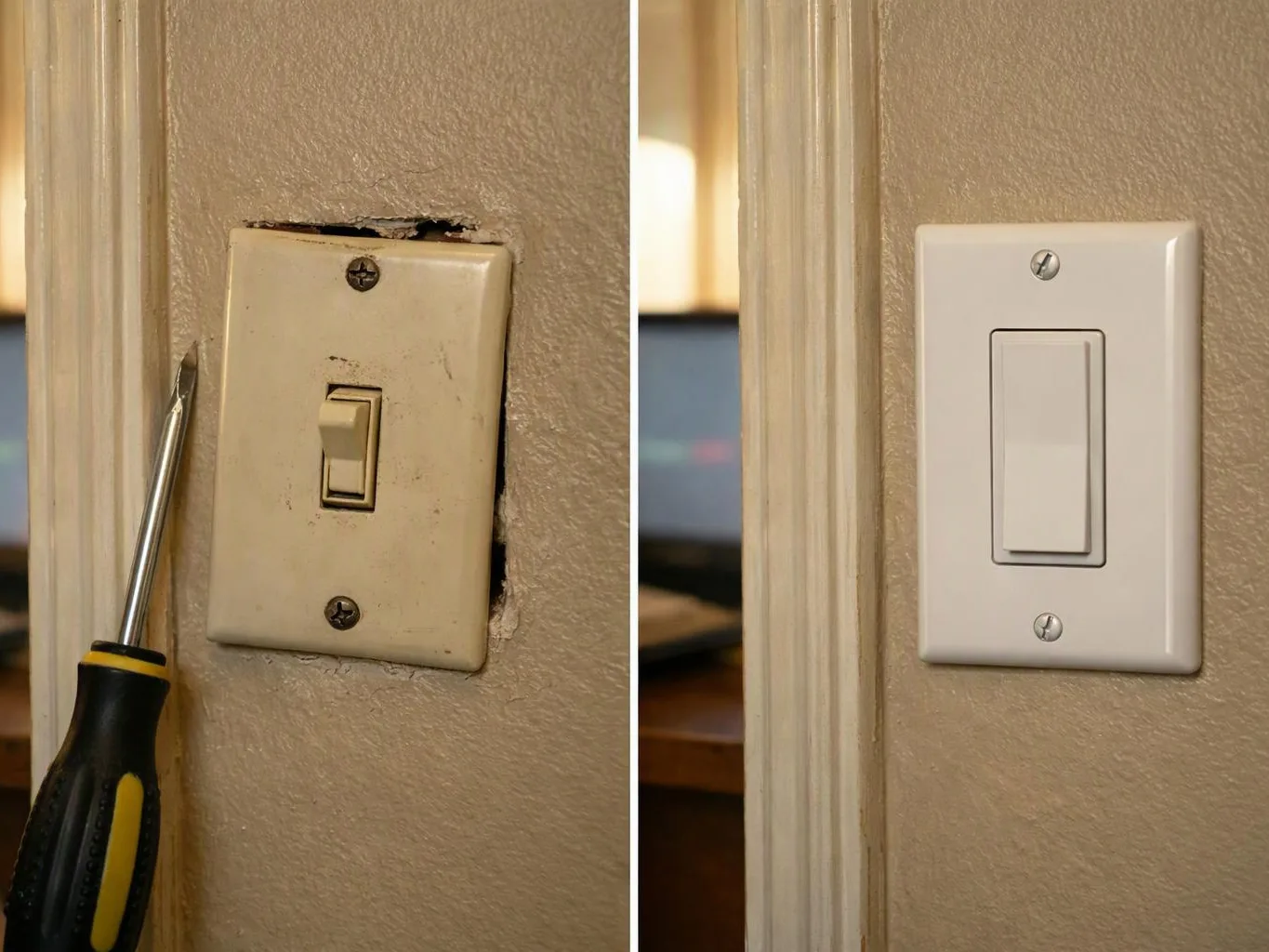 A before-and-after view shows a wall light switch replaced beside a doorframe, with a screwdriver on the left