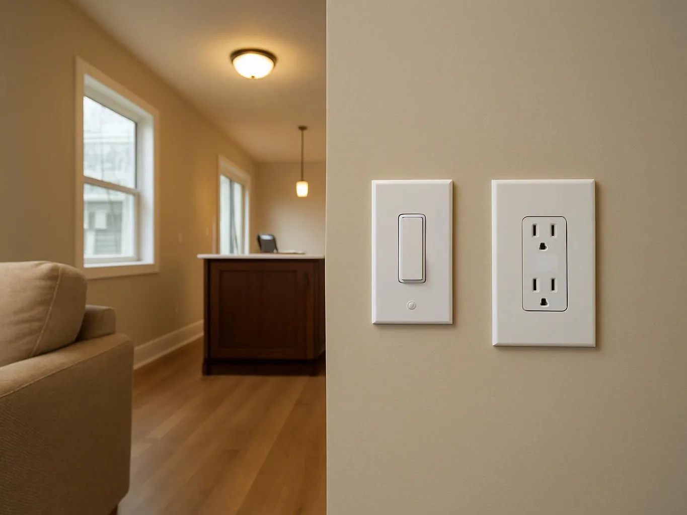 A beige hallway shows a light switch and outlet beside a room with windows, a sofa, and a wooden counter