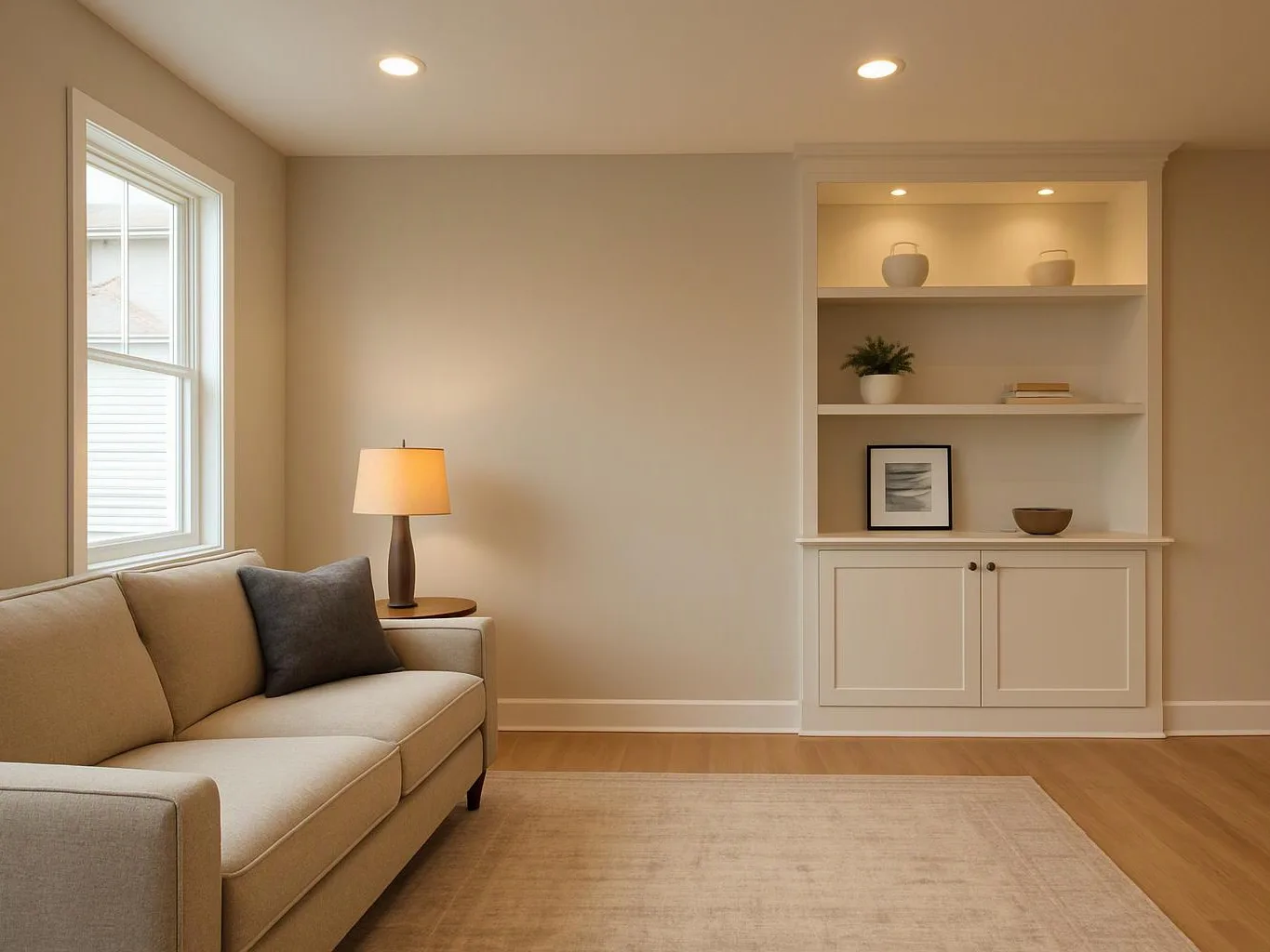 A beige sofa, lit table lamp, and built-in shelves sit in a bright, empty living room