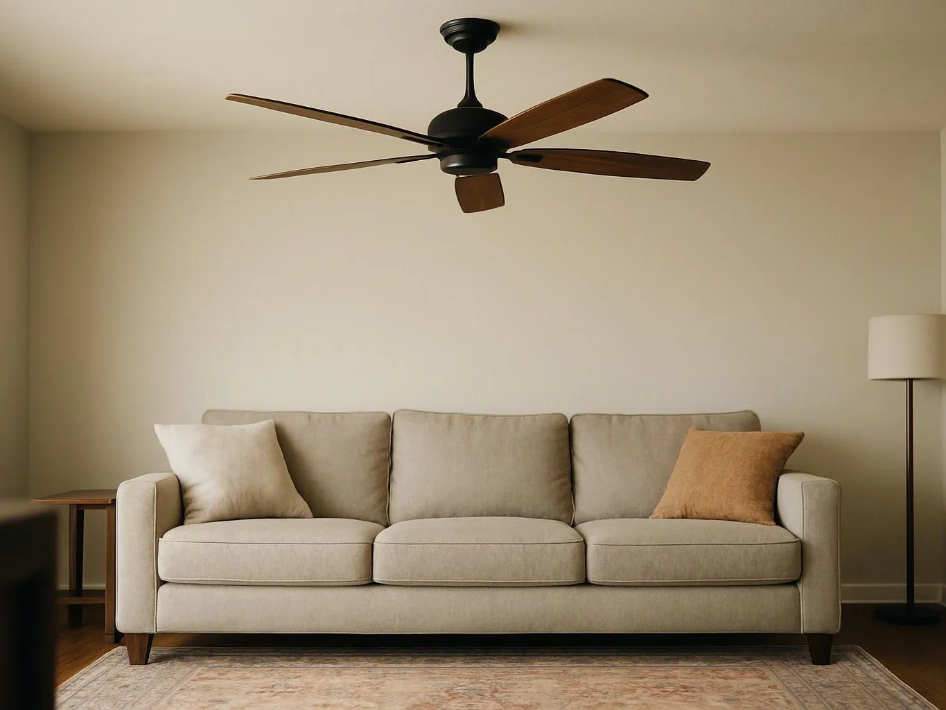 A beige sofa sits under a black ceiling fan in a simple, softly lit living room