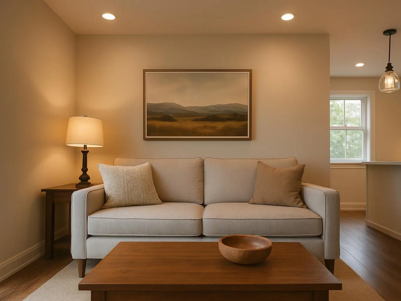 A beige sofa sits in a warm living room beside a lamp, coffee table, and framed landscape painting