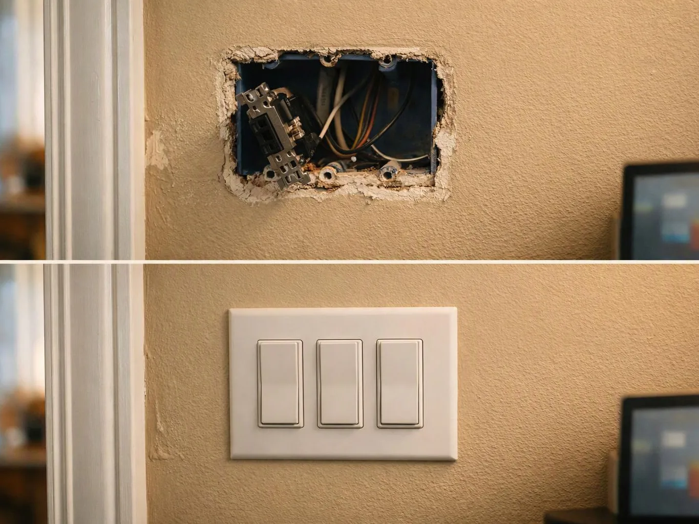 A beige wall shows an open electrical box above a white three-switch plate, split by a horizontal divider