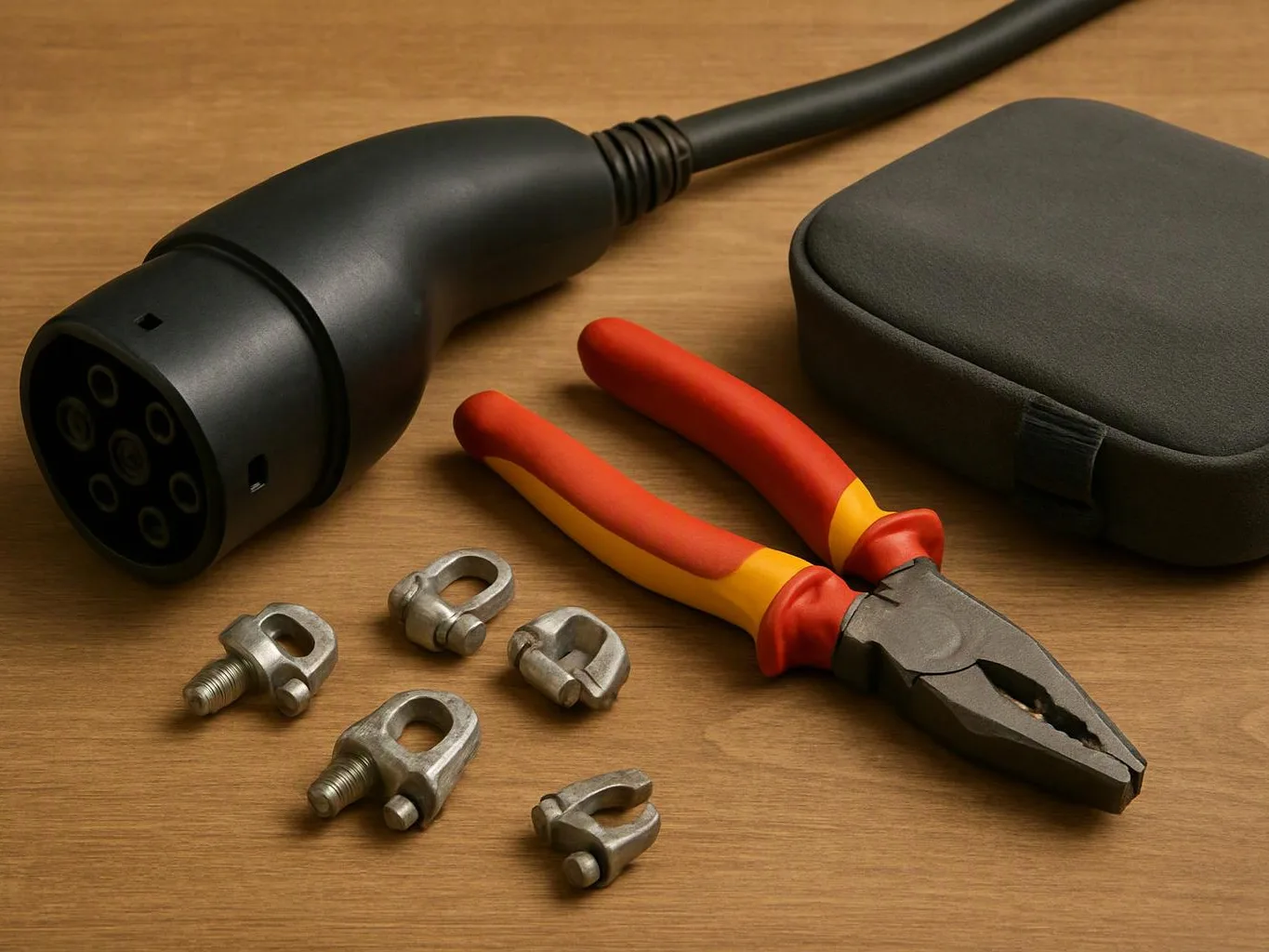 A black charging plug, red-handled pliers, metal clamps, and a gray case sit on a wooden table