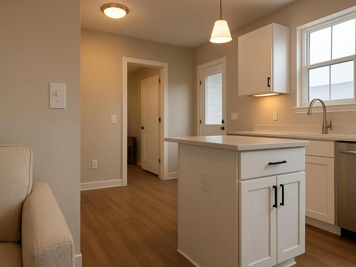 A bright kitchen with white cabinets, an island, and wood floors sits beside an open doorway and sofa edge