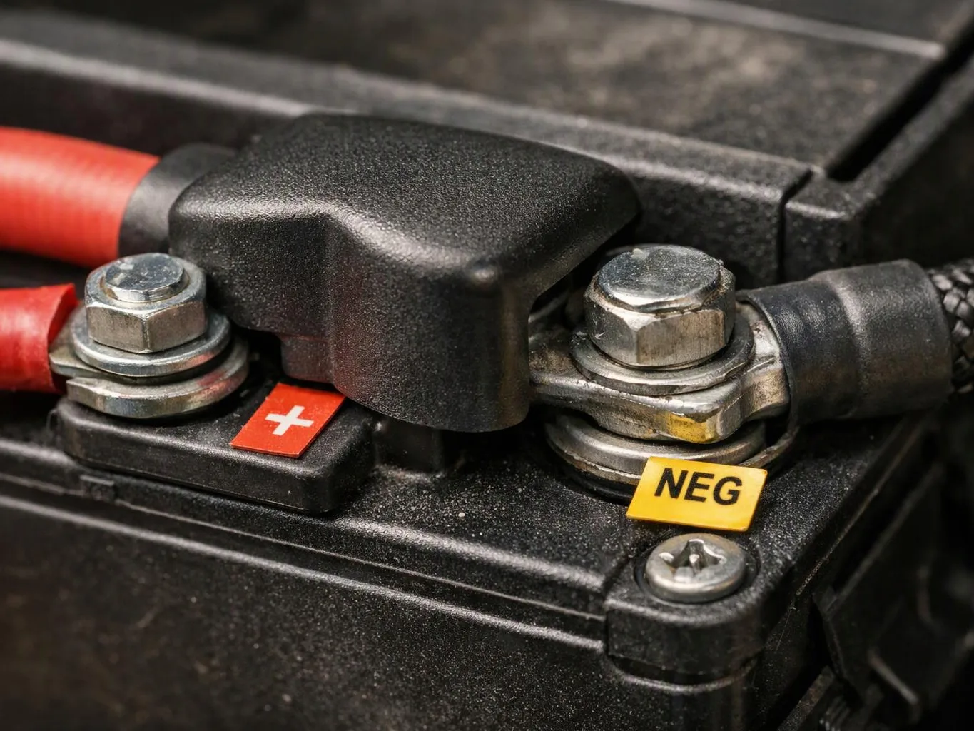 Close-up of a battery terminal with red and black cables, metal bolts, and positive and negative labels