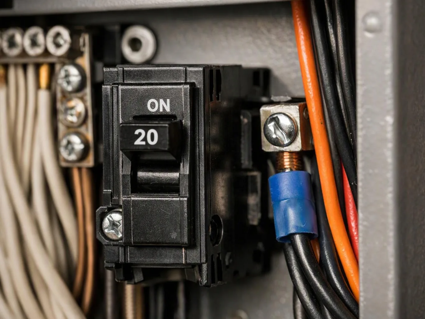 Close-up of a black 20-amp circuit breaker inside an electrical panel with bundled wires and screws