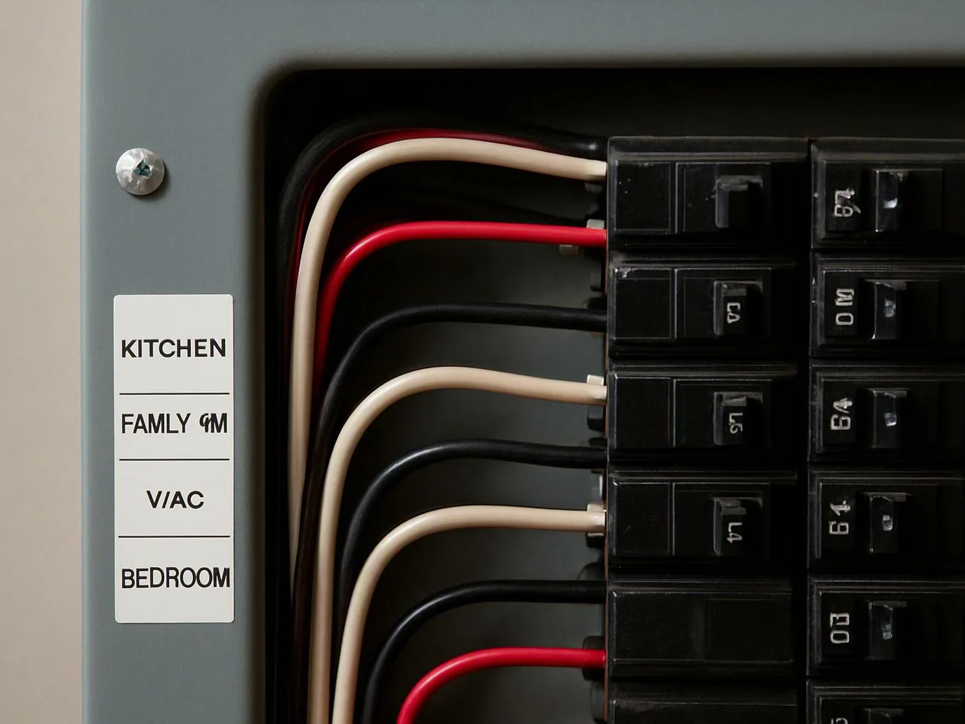 Close-up of a circuit breaker panel with colored wires and a label listing kitchen, family room, vac, and bedroom