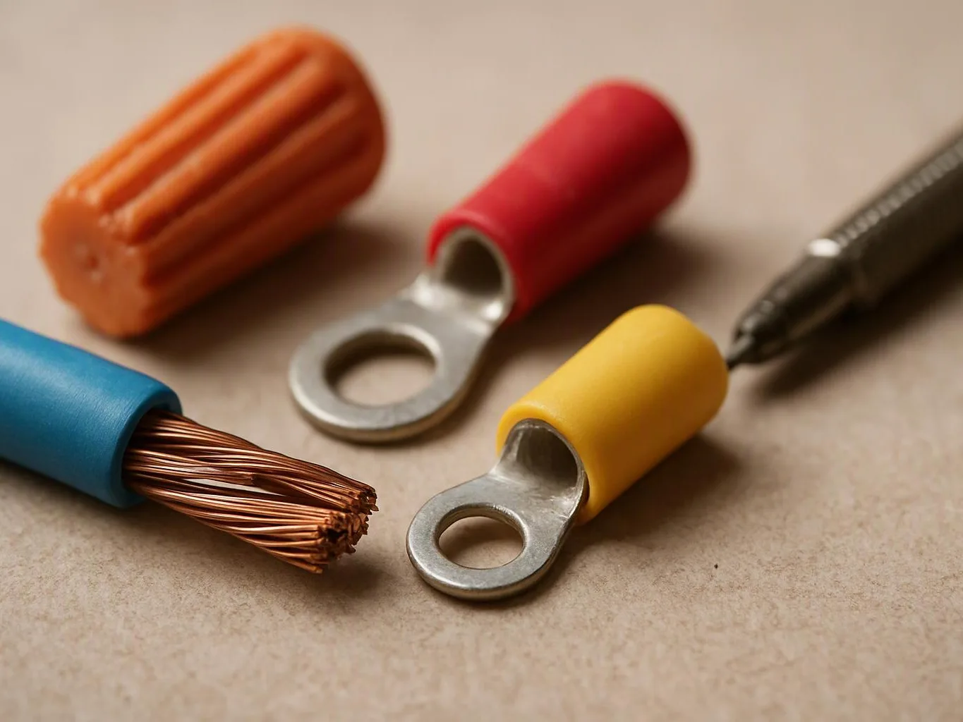 Close-up of colored electrical wire connectors and exposed copper strands on a beige surface