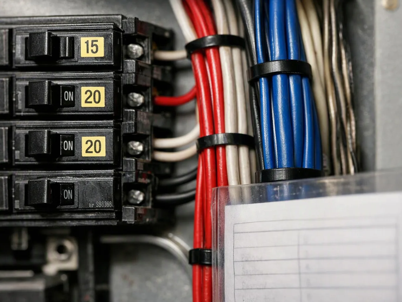 Close-up of an electrical breaker panel with labeled switches and bundled red, blue, and white wires
