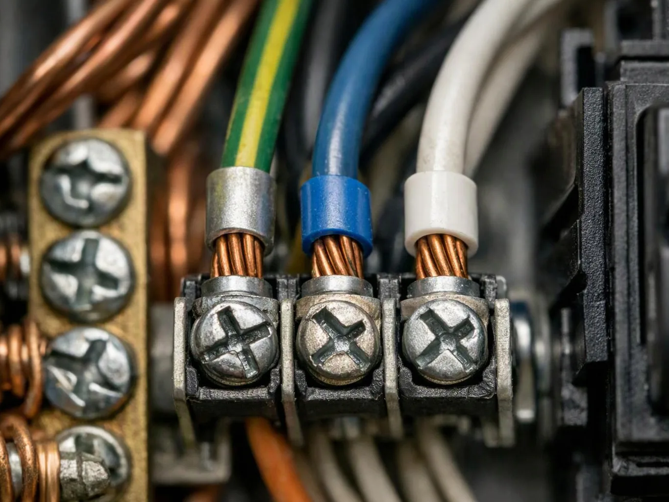 Close-up of electrical wires with colored insulation secured by metal screw terminals inside a panel