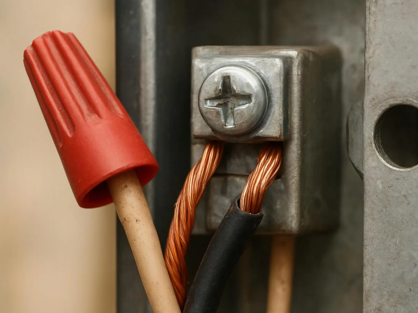 Close-up of electrical wires joined under a metal terminal block with a red wire cap nearby