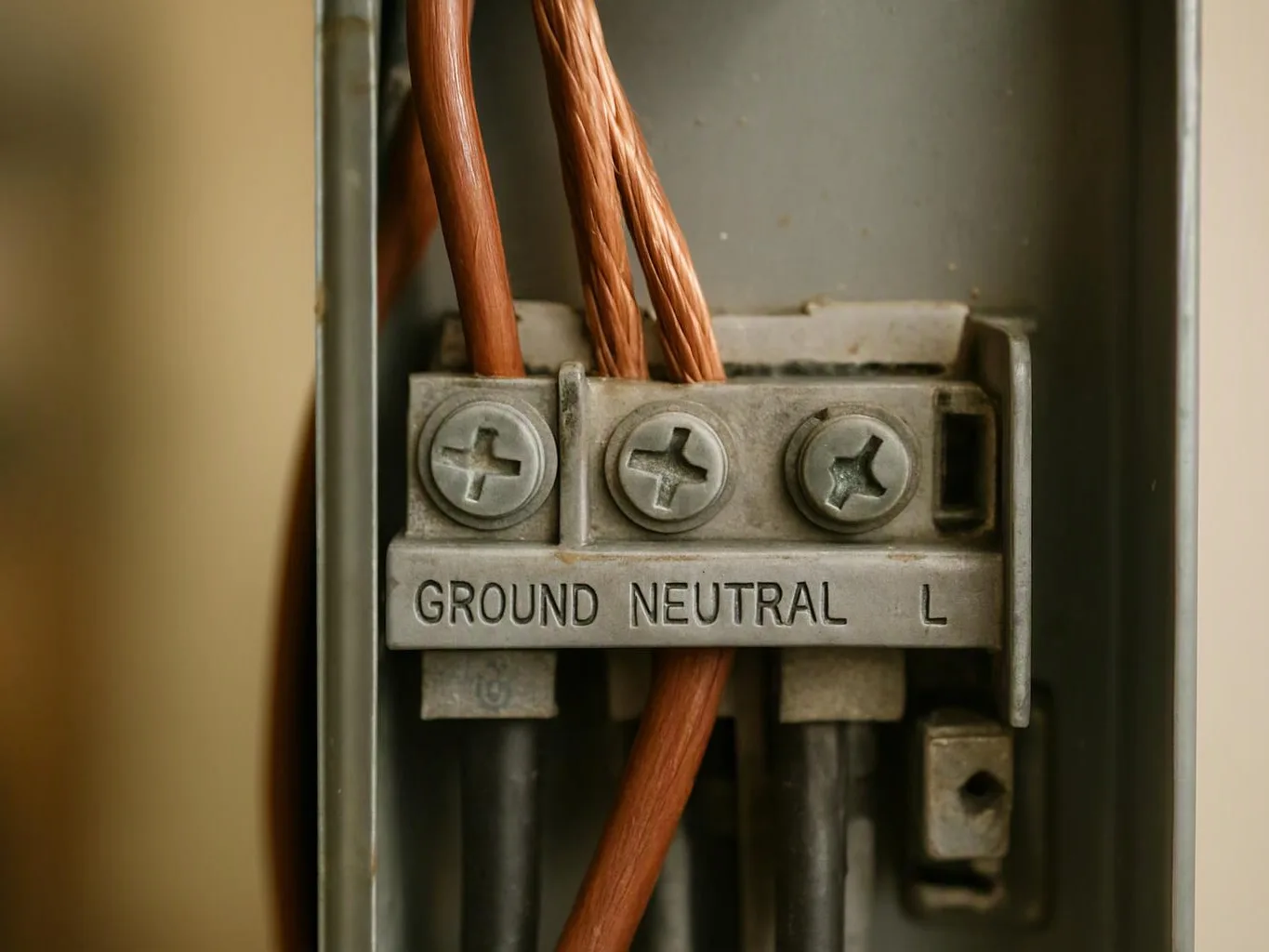 Close-up of electrical wiring connected to a metal terminal block labeled GROUND, NEUTRAL, and L