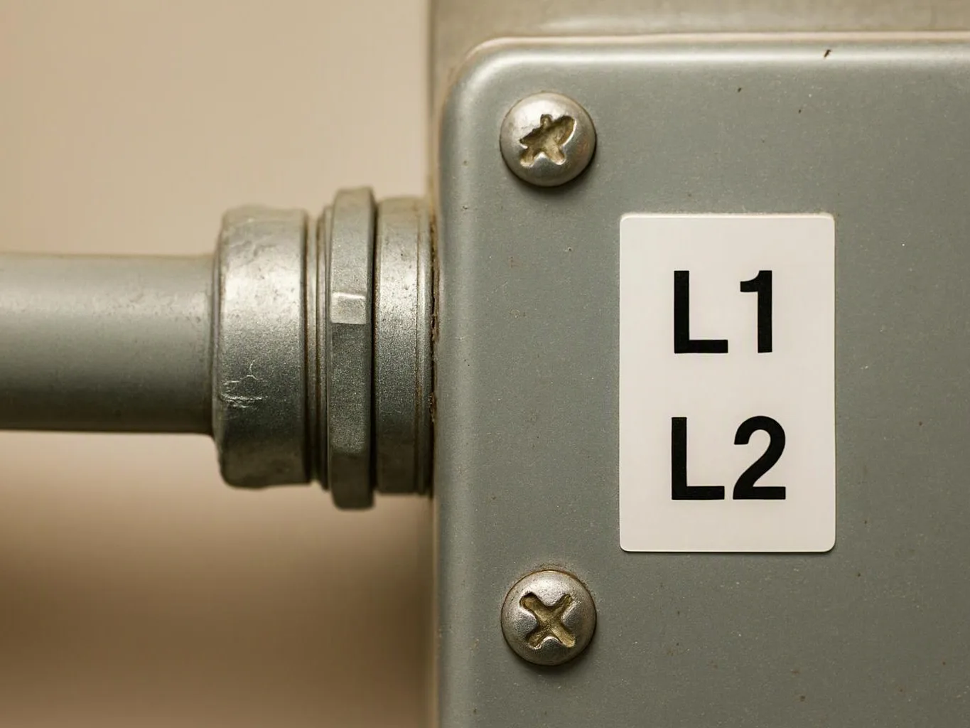 Close-up of a gray metal electrical box with conduit and a label reading L1 and L2