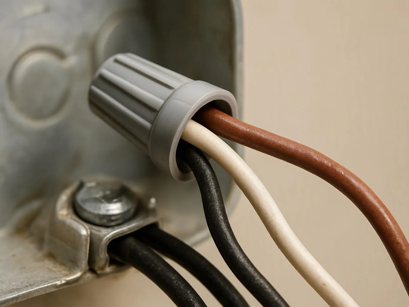 Close-up of a metal junction box with brown, white, and black wires entering through a gray connector