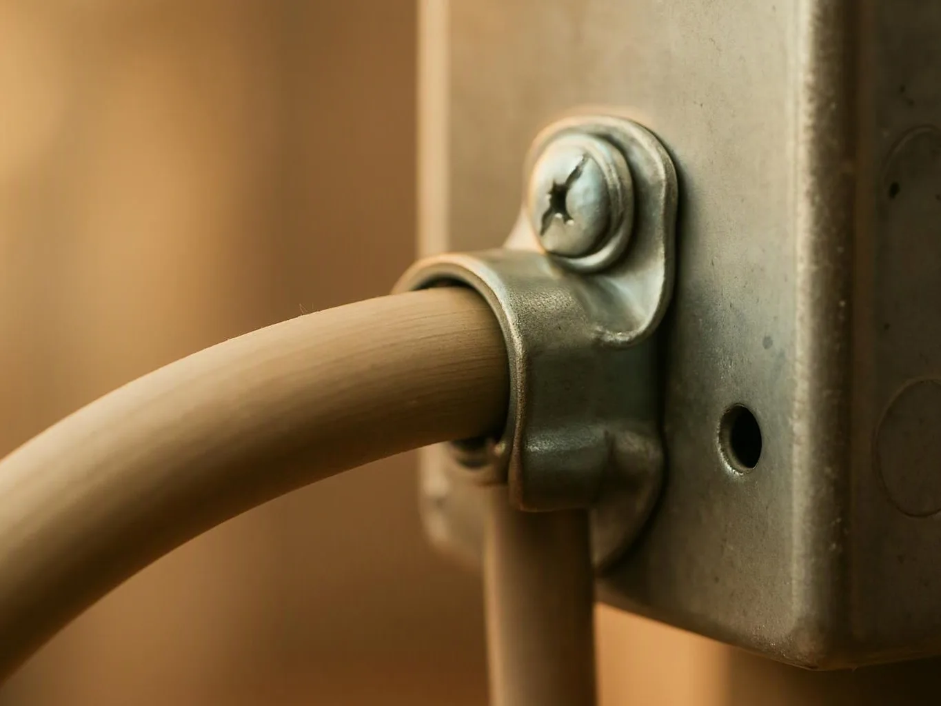 A close-up shows a beige cable held in a metal clamp on a wall plate