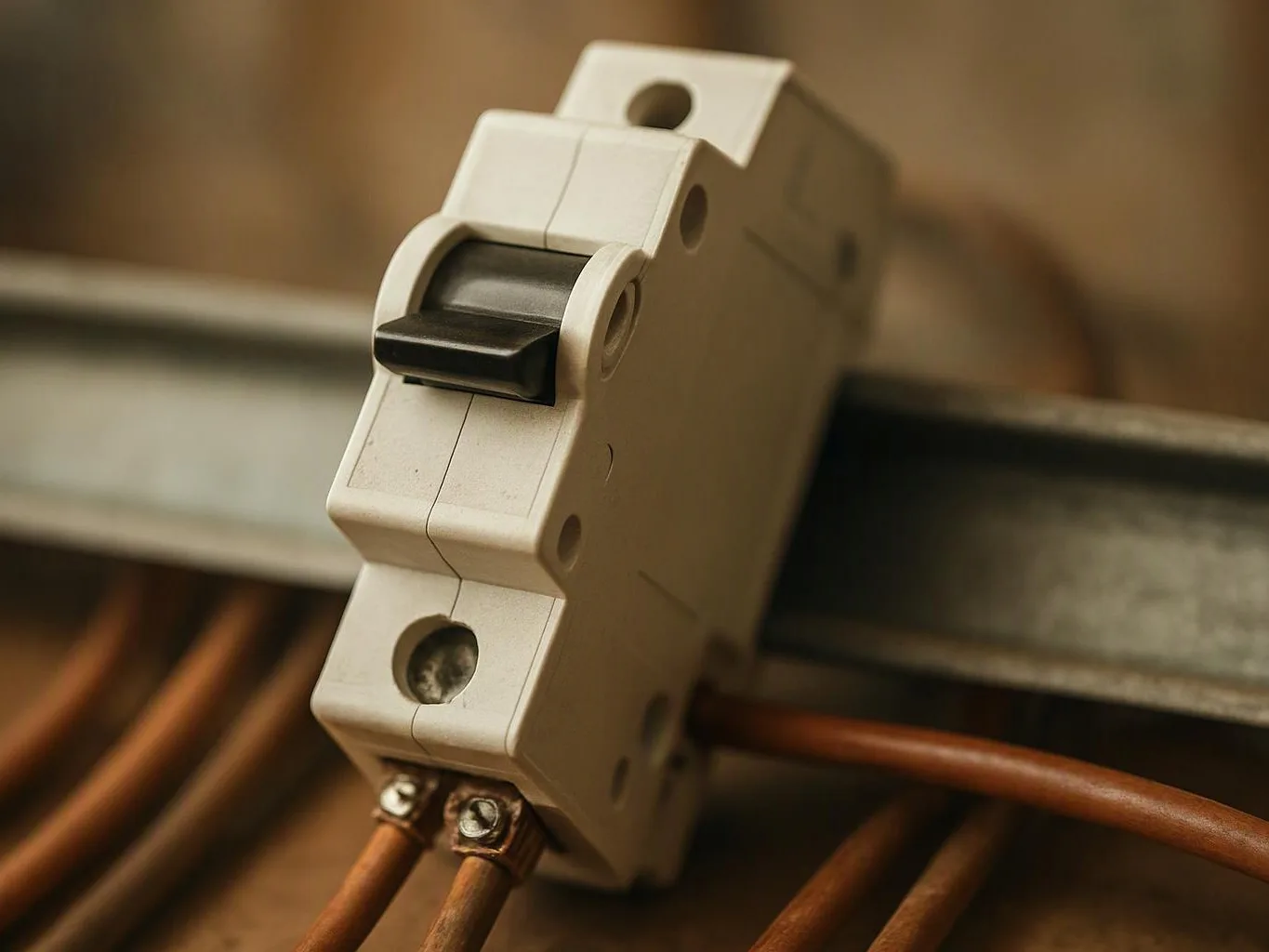 A close-up shows a white circuit breaker clipped onto a metal rail with copper wires attached