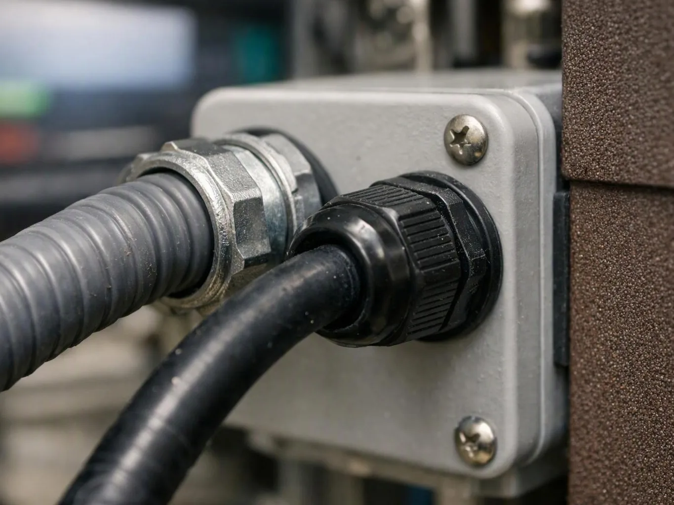 Close-up of two cables plugged into a metal electrical box with screws and connectors