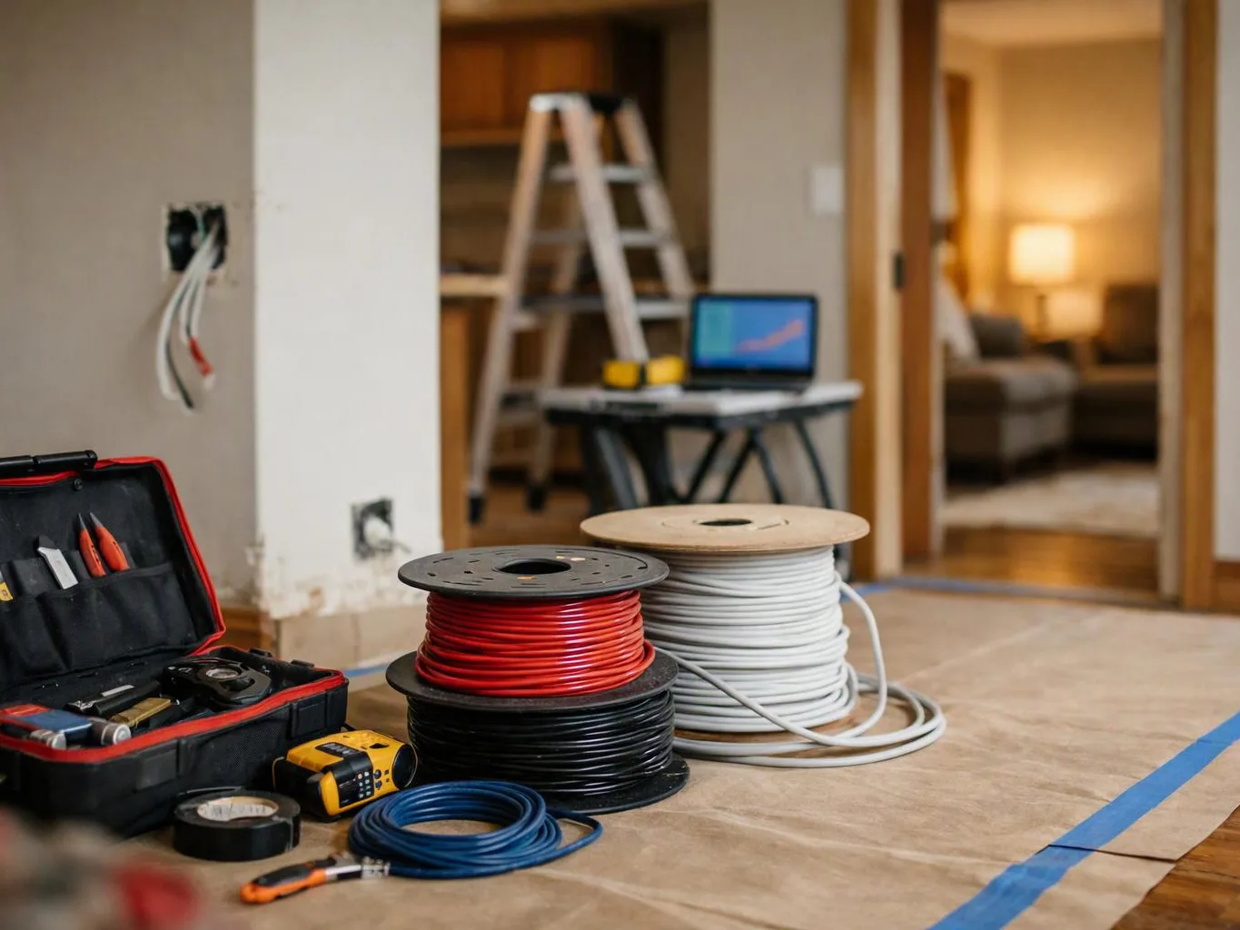 Coiled electrical wires, tools, and a ladder sit on a protected floor in a room under renovation