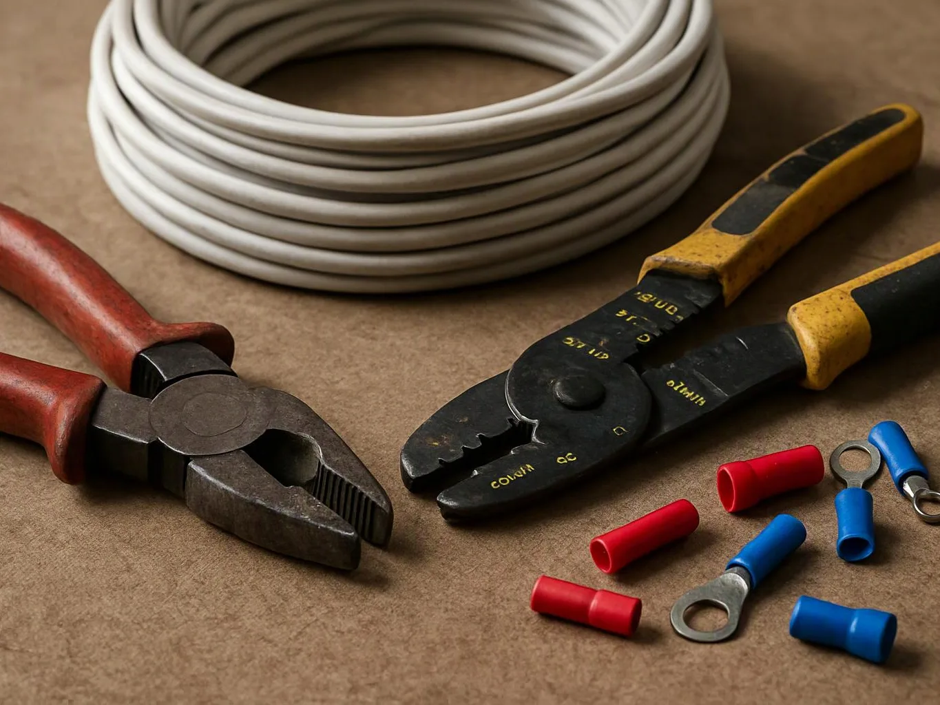 Coiled white cable, two wire cutters, and red and blue connectors lie on a brown work surface